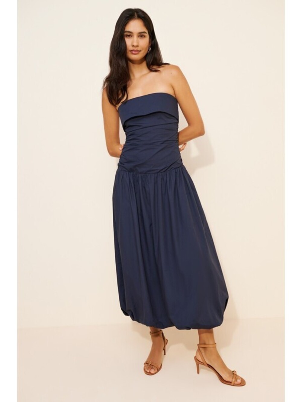 Anthropologie x Nia - Navy Strapless Drop Waist Ruched Midi Dress, Size S